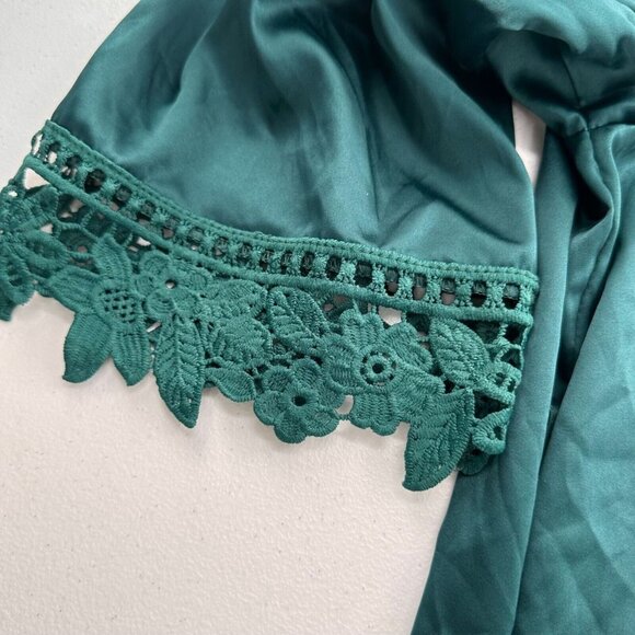 Emerald Green Kimono Cardigan Robe Lace Trim Open Front Lightweight One Size - Picture 6 of 8